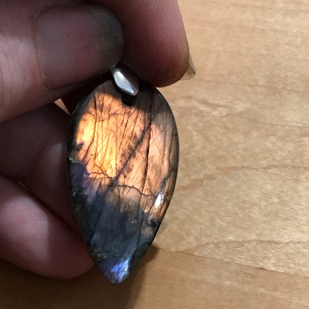 Flashy Orange/Purple Labradorite Teardrop Pendant  Necklace